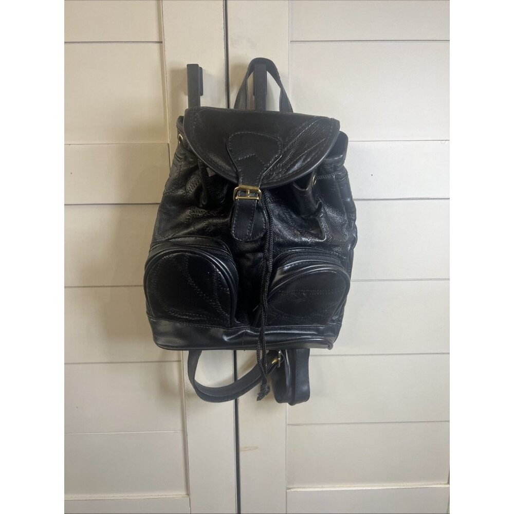 Vtg 90s Y2K Mini Black Patchwork Leather Bag Backpack Gold Toned Hardware
